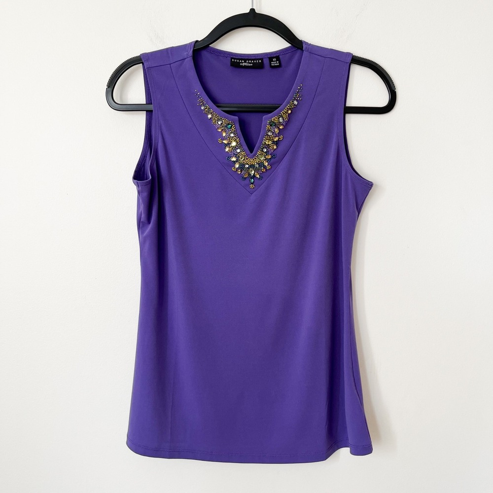 Susan Graver Liquid‎ Knit Sleeveless Top Rhinestone Beaded Neck Purple Womens XS